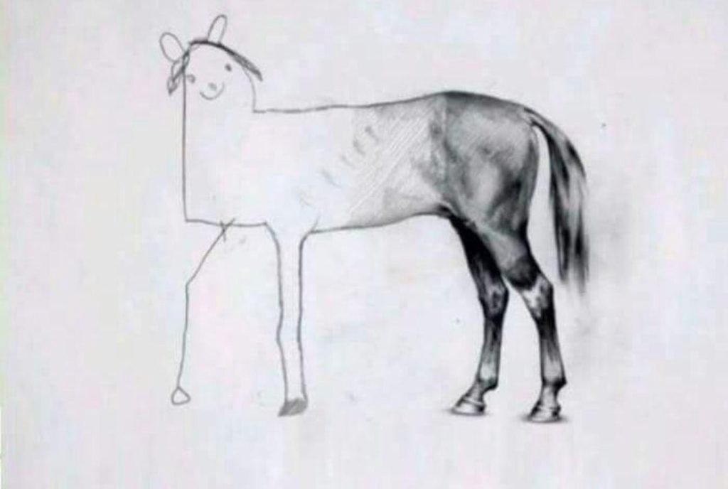 drawing of a horse with a details back end and stick figure front end, labeled 'When there is 5 minutes to go on your test'. used to illustrate the dicongruity of the term 'full-stack developer'. popularized in a tweet by @holtbt