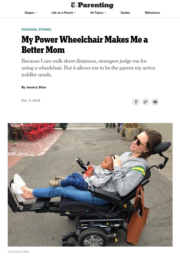 Screenshot of New York Times article by Jessica Slice showing masthead, article title, byline, and image of Ms Slice with her child in her lap